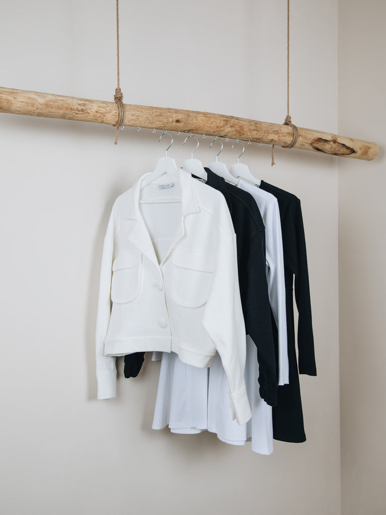 faded line black and white basic collection ali jacket alex jacket organic recycled cotton iliana dress loungewear and casual collection women sustainable clothing ethically made in barcelona