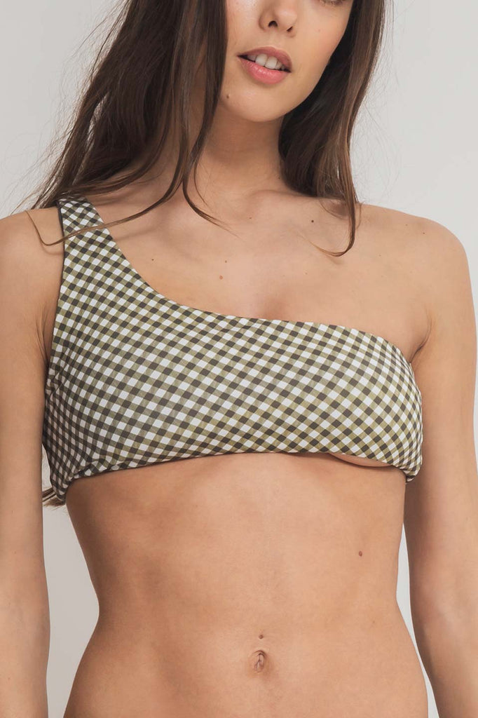 faded line amaya bikini top recycled polyamide khaki gingham reversible swimwear collection