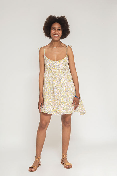 Faded Line short viscose mini dress in flower print with straps front with crew neckline