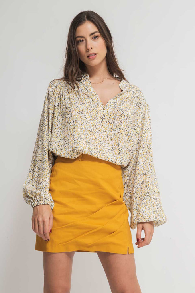 faded kine cotton mustard mini skirt pleat detail front