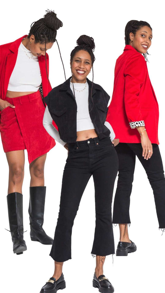 Image of the model wearing all the styles of the corduroy capsule collection in colours red and black, oversized blazer, oversized cropped vest and asymmetrical skirt