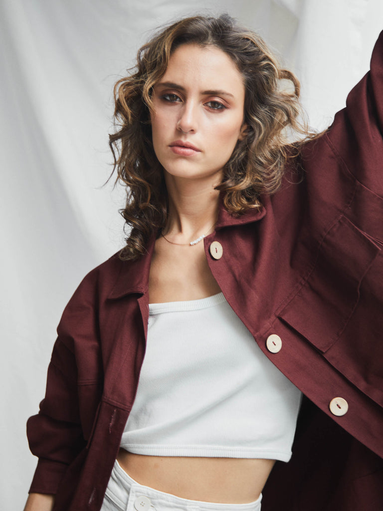 faded line jojo soft jacket wine sleepy set white top organic cotton dead stock cotton twill cold breeze campaign women autumn winter collection ethically made in barcelona