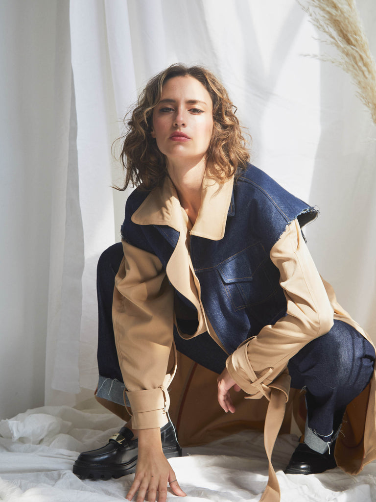 faded line caliope denim vest luisa camel trench coat dead stock fabric cols breeze campaign women autumn winter collection ethically made in barcelona
