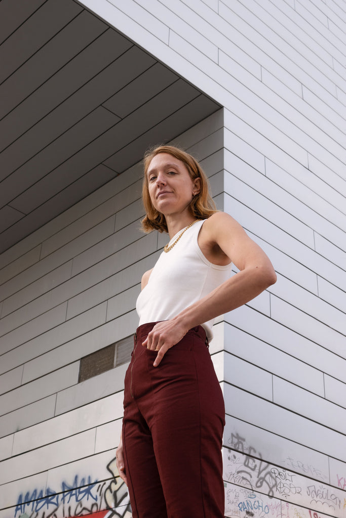 faded line faded muse francesca berni ali olivia bodysuit white organic cotton lou pant cotton twill dead stock women sustainable clothing ethically made in barcelona