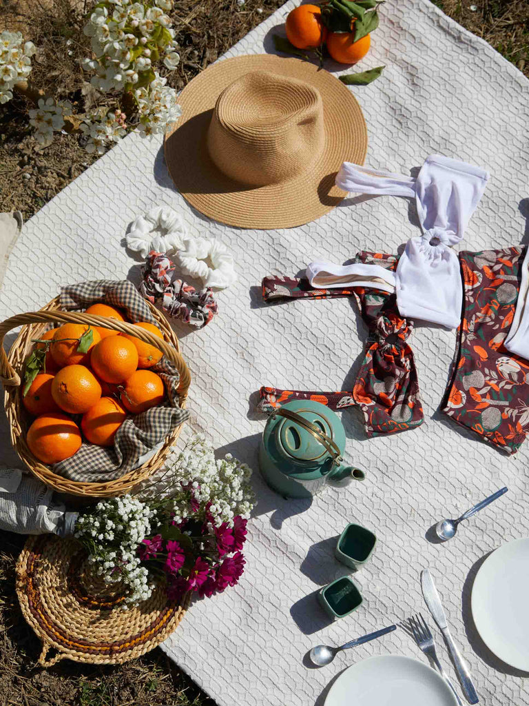 faded line judit bikini retro style print and white women swimwear collection tangerine campaign ethically made in Barcelona