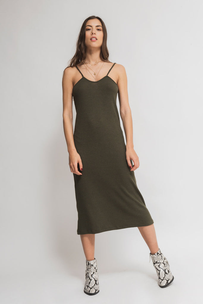 faded line ribbed knitted midi dress khaki straps front