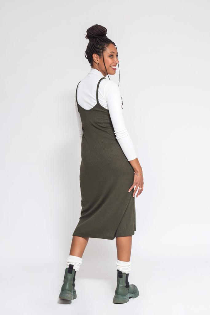 Back midi cotton ribbed dress in khaki color with straps