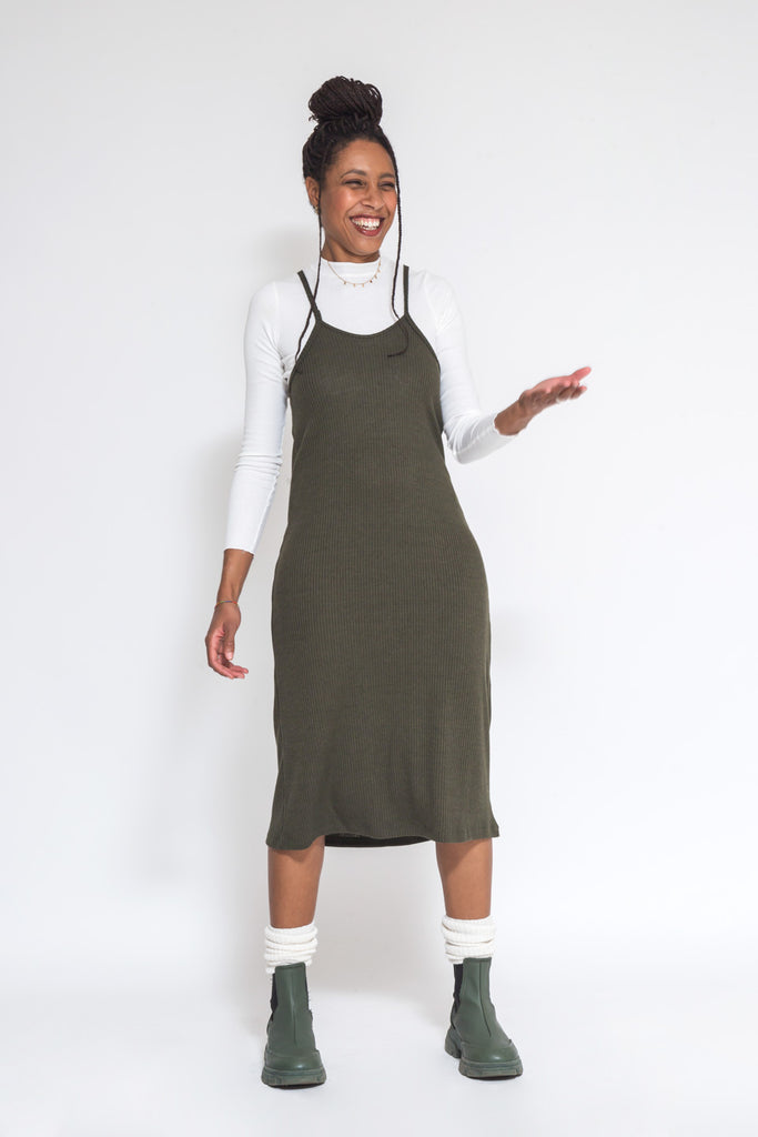 Front midi cotton ribbed dress in khaki color with straps