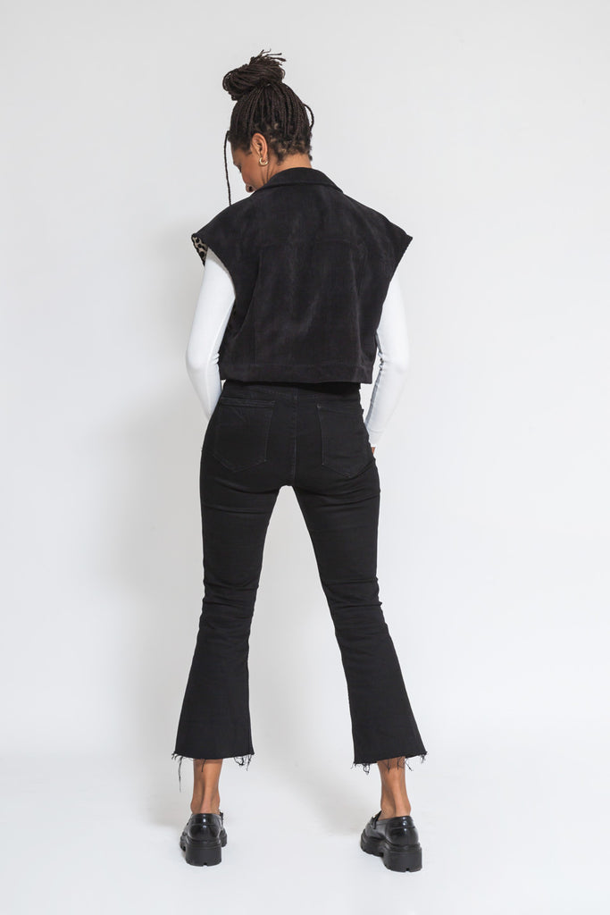 Faded Line black corduroy oversized vest made with dead-stock cotton and printed viscose lining back