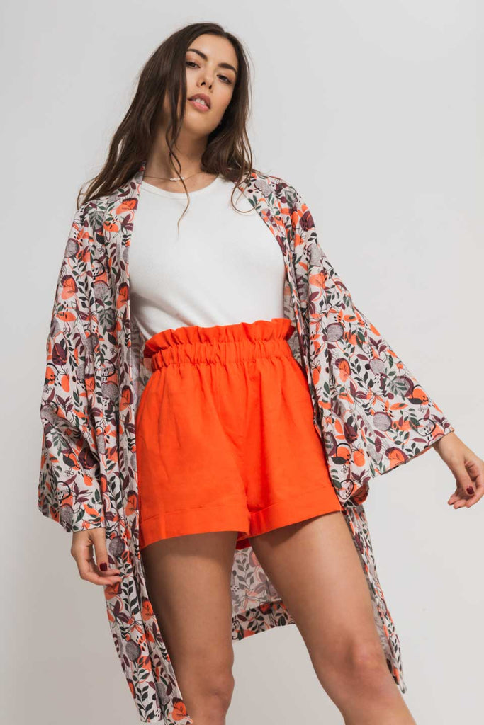 faded line linen printed kimono with pockets long sleeves