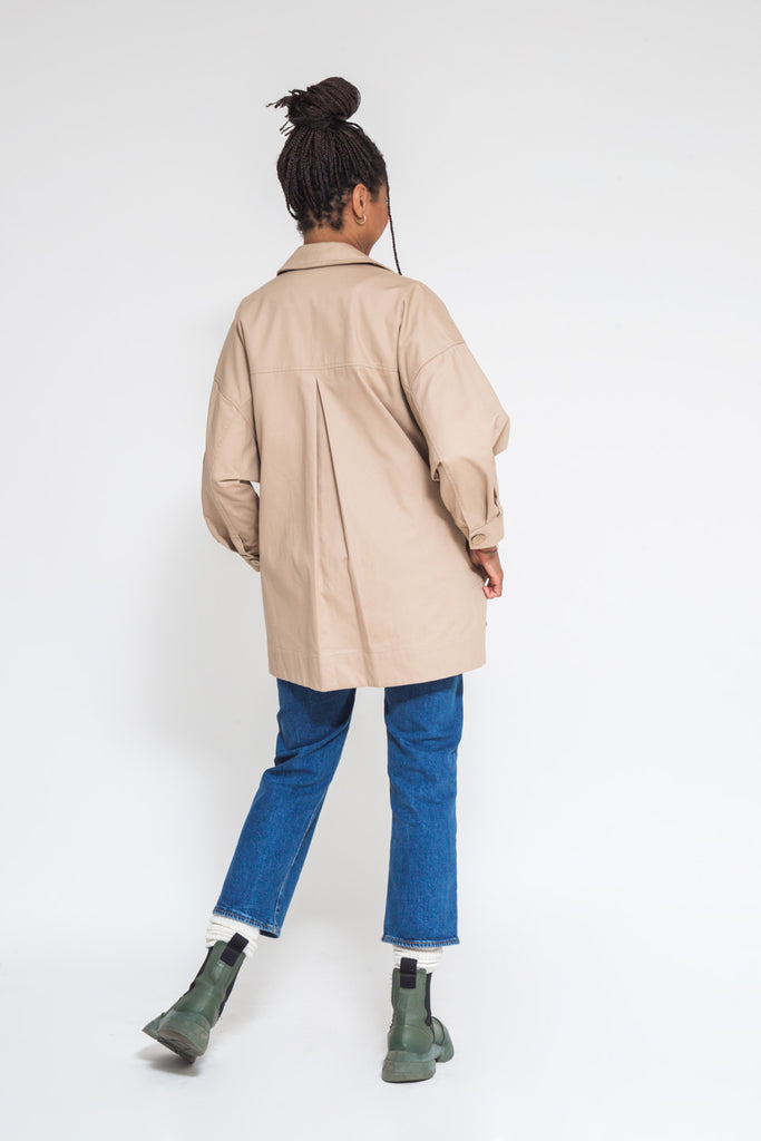Faded line jojo soft oversized safari jacket cotton twill in camel color back joke and pleat detail