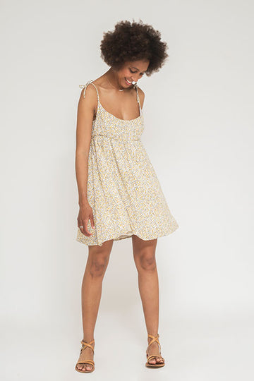 Faded Line short viscose mini dress with straps in flower print front