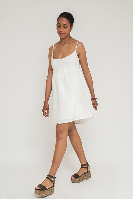 White short waffle cotton dress mini length with straps front