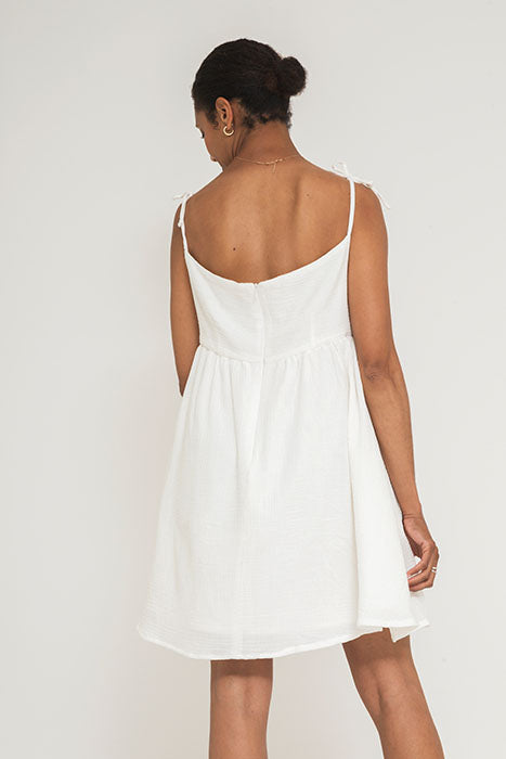 White short waffle cotton dress with straps mini length back