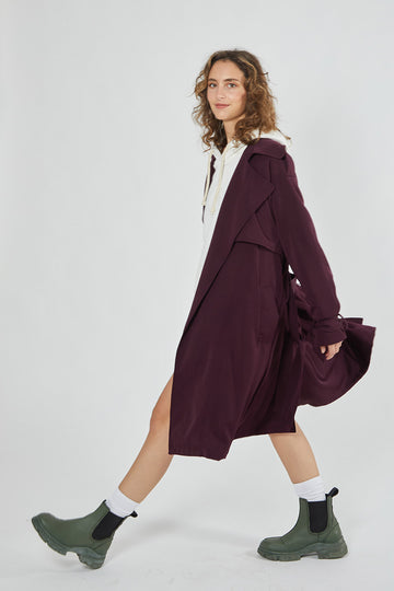 faded line wine fluid trench coat dead stock fabric made in Barcelona
