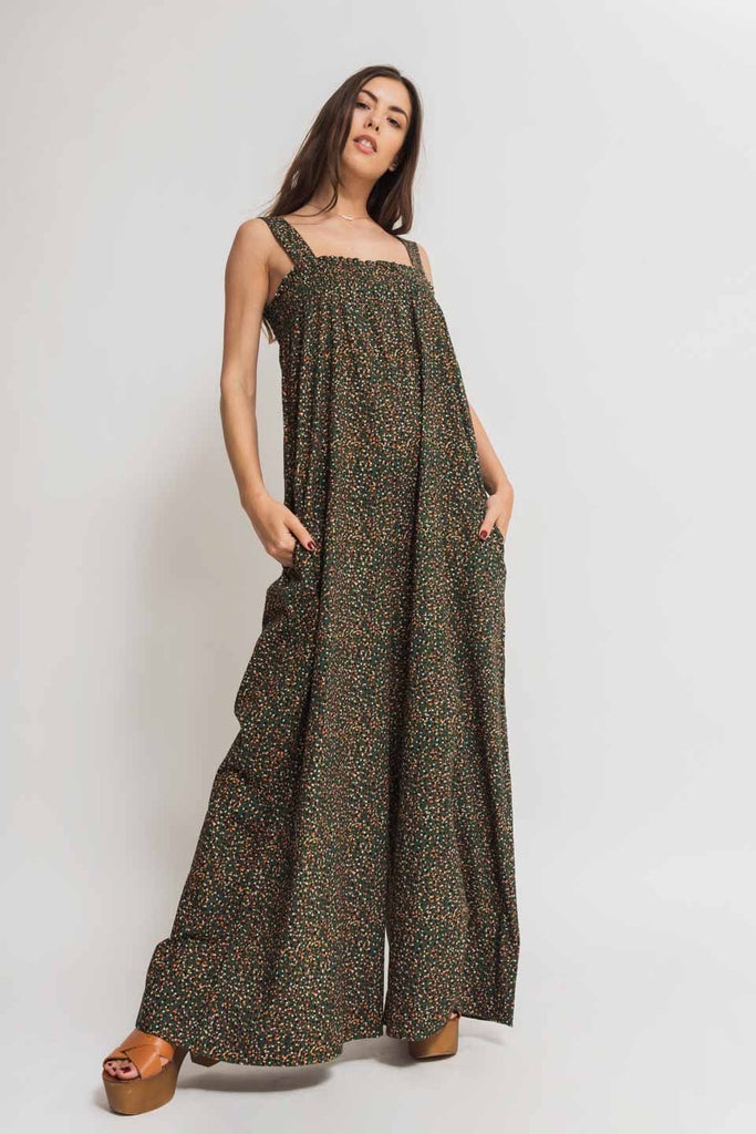 fade line linen printed long  jumpsuit smocking stitching front