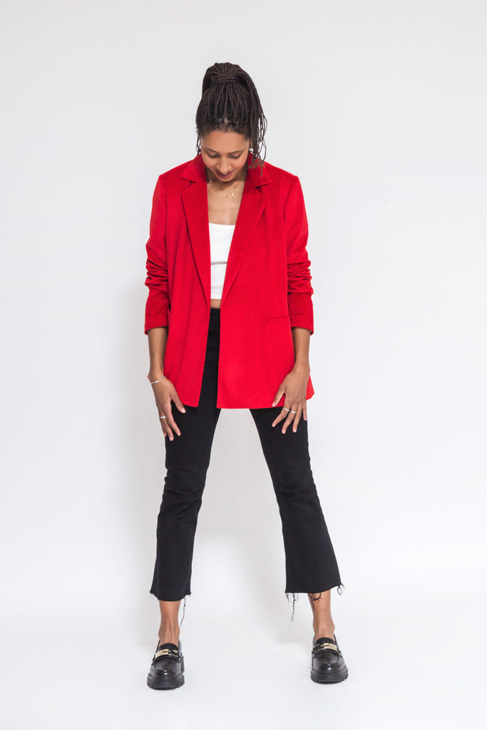 faded line red corduroy blazer made of dead stock fabric and viscose lining front