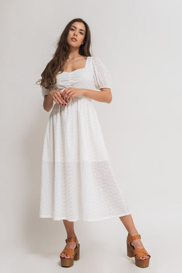 faded line cotton embroidered white midi dress short sleeve squared neckline front. 