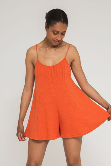 faded line orange short jumpsuit godet a-line front